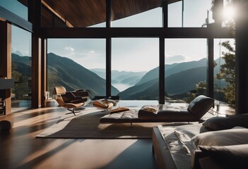 Modern luxury villa in minimalist style Glass house in the mountains Beautiful mountain views from m