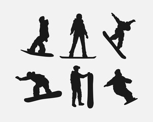 Vector set silhouettes of snowboarder. Snowboard sport. Isolated on white background.