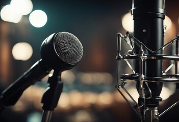 Professional condenser studio microphone over the musician blurred background and audio mixer Musica