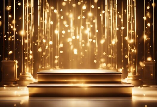 Podium with golden light lamps background Golden light award stage with rays and sparks