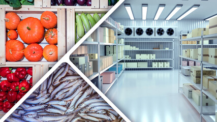Food refrigerated warehouse. Freezer with fish and vegetables. Refrigerated warehouse with shelves....