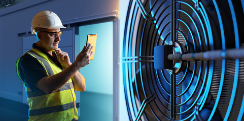 Man engineer in warehouse. Industrial refrigeration equipment. Technician monitors operation of...