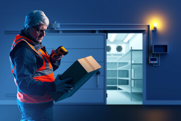 Man warehouse employee. Refrigerated storage room behind storekeeper. Warehouse worker with box....
