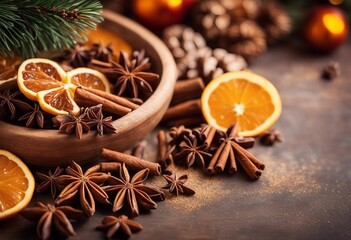 Traditional Christmas spices and dried orange slices on holiday bokeh background with defocus lights