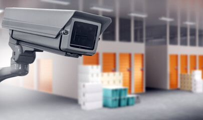 Video surveillance in warehouse. CCTV camera near storage units. Warehouse building for storekeeping. Storage units and boxes are blurred. CCTV system for security. Industrial video surveillance