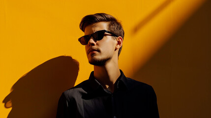 Fototapeta premium Male portrait in minimalist style on a yellow background, portrait of a man in sunglasses against a yellow wall, illuminated by sharp side sunlight, strong contrast and play of shadows