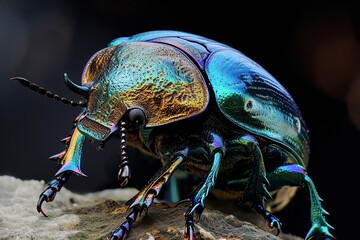 close-up of a scarab beetle with a metallic sheen on the body, painted in various shades of blue and green with tints and reflections, developed antennae, massive legs with claws, insect, nature - obrazy, fototapety, plakaty