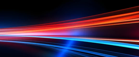 Foto op Plexiglas Abstract modern artwork with high speed sync blue and red lights background. Dark navy and orange tones, vibrant colorscape with high horizon lines. © jex