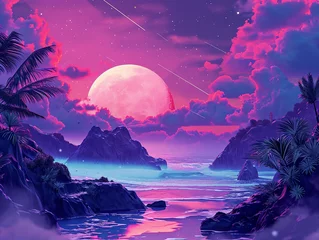 Poster fantastic landscape with large pink moon against starry sky in fuchsia shades, sky is decorated with meteors, tropical plants and rocks frame calm waters in foreground, mystical atmosphere, background © Truprint