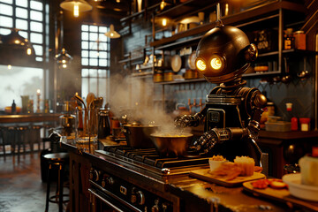 Fototapeta na wymiar robot chef preparing food in kitchen in steampunk style stands in front of the stove, steam rises from pan, robot's eyes glow, cooking, kitchen interior in dark colors, cooking