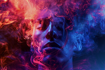 human face in bright, dynamic clouds of colored smoke, smoke envelops facial features, effect of otherworldliness and mysticism, red and blue shades of smoke, movement and energy, surreal image