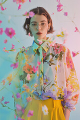 Fototapeta premium Contemporary Woman in Chic Floral Blouse and Glasses, colorful spring fashion ensemble, featuring clothes adorned with floral patterns