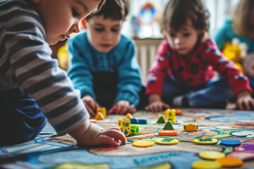 child playing with blocks, three children playing with educational toys on a colorful game mat indoors, focus on hands and game pieces, childhood, learning through play, early development
