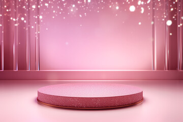 Pink podium 3d illustration background , mock up display with sparkle and glitter for beauty products or holiday event.	
