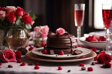 Romantic dessert with a chocolate cake, roses, chocolates, and wine