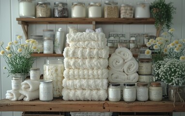 spa still life with towels and white towels on wood.