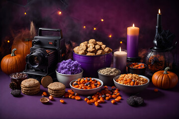 Ignite the Halloween fervour with a high-angle shot featuring cinema essentials, food and Halloween-themed decorations on an isolated purple backdrop, ready to accommodate your promotional text or ads