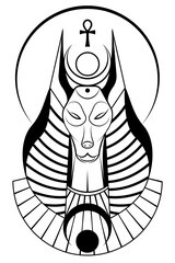 Portrait of Ancient Egyptian god Anubis. Deity with canine head. God of death logo tattoo. Ancient Egyptian God in black and white style vector illustration isolated on a white background