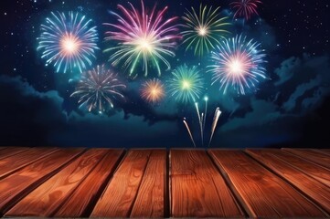 4th of July Celebration background with American flag Wooden table base and fireworks and sparkles. Happy Independence Day celebration July .

