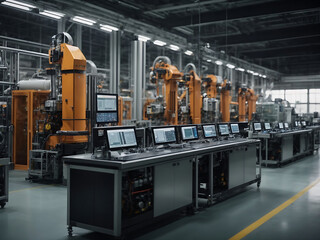 Industry 4.0 smart factory interior showcases IIoT machines, efficient workstations, and automated production lines, optimizing the manufacturing process for improved performance design. - obrazy, fototapety, plakaty
