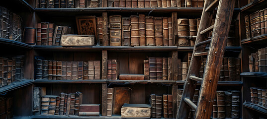 vintage library with many books, in the style of detailed texture, a library with old books and ladders, textured canvas, high quality.