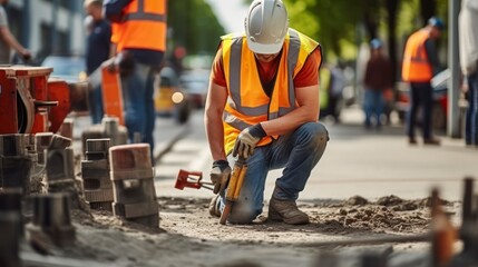 A Dedicated Worker in a Reflective Vest Amidst the Bustle of Roadworks