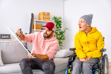 Man teaching to a disabled man at home