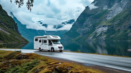 Modern motorhome driving on road with views of lake and mountains in background