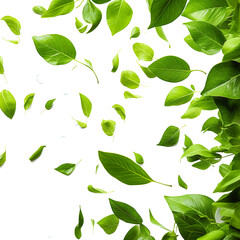green leaves flying through the picture isolated against transparent background