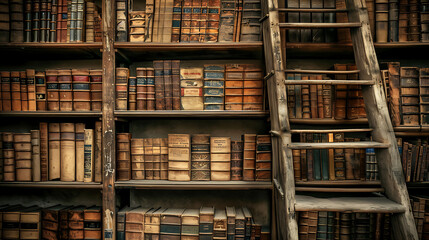 vintage library with many books, in the style of detailed texture, a library with old books and ladders, textured canvas, high quality.