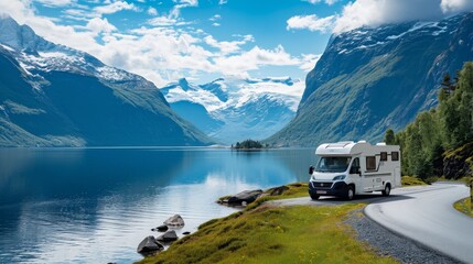 Modern motorhome driving on road with views of lake and mountains in background