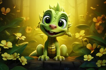 Cute green baby dragon on flower background