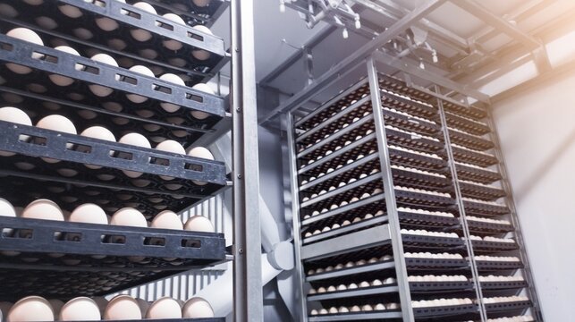 Technology of incubation hatchering machine for  chicken eggs on the farm hatchery.