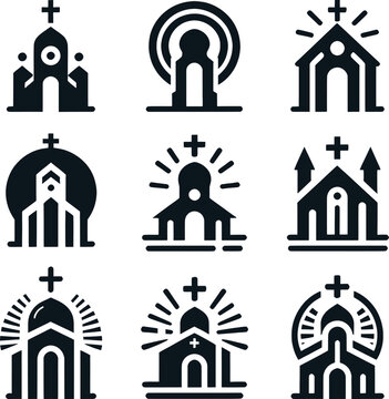a set of black church icons on a white background, simplistic iconography, vector graphics icon, iconography background, vector images