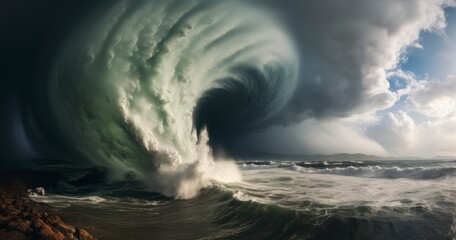 A towering waterspout twisting and turning above the turbulent ocean - obrazy, fototapety, plakaty