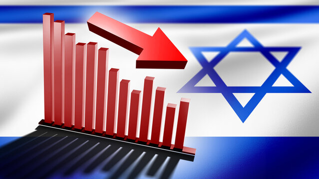 Crisis of Israeli economy. Israel flag. Falling chart. Declining Israeli income. Financial crisis. Recessional forecast for shekel concept. Situation is critical for Israeli companies. 3d image