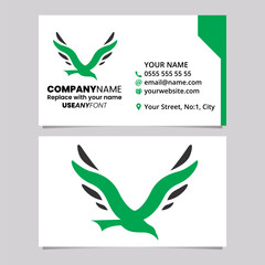 Green and Black Business Card Template with Bird Shaped Letter V Logo Icon