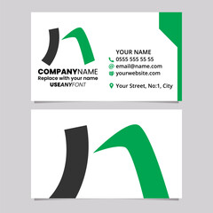 Green and Black Business Card Template with Curved Rectangle Shaped Letter N Logo Icon