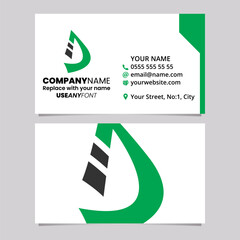 Green and Black Business Card Template with Curved Striped Letter D Logo Icon