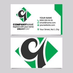 Green and Black Business Card Template with Diamond Shaped Letter Q Logo Icon