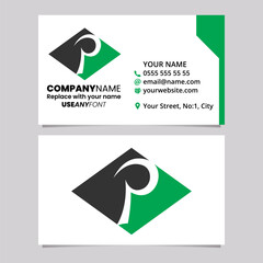Green and Black Business Card Template with Horizontal Diamond Shaped Letter P Logo Icon