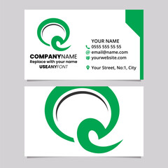 Green and Black Business Card Template with Hook Shaped Letter Q Logo Icon