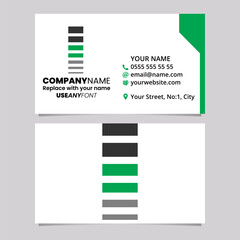 Green and Black Business Card Template with Horizontal Striped Letter I Logo Icon