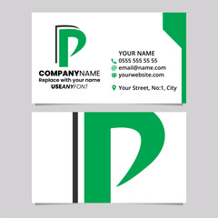 Green and Black Business Card Template with Layered Letter P Logo Icon