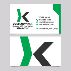Green and Black Business Card Template with Lowercase Arrow Shaped Letter K Logo Icon