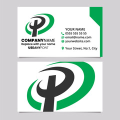 Green and Black Business Card Template with Oval Shaped Letter P Logo Icon