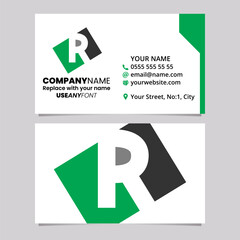 Green and Black Business Card Template with Rectangle Shaped Letter R Logo Icon
