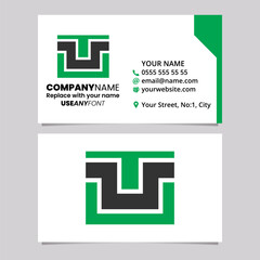 Green and Black Business Card Template with Rectangle Shaped Letter U Logo Icon