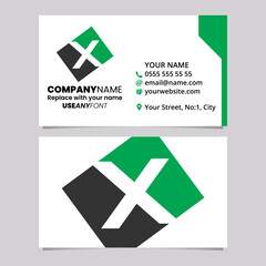 Green and Black Business Card Template with Rectangle Shaped Letter X Logo Icon