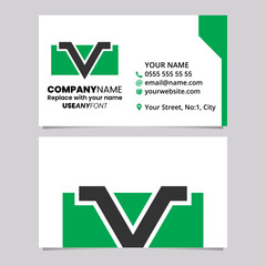 Green and Black Business Card Template with Rectangle Shaped Letter V Logo Icon